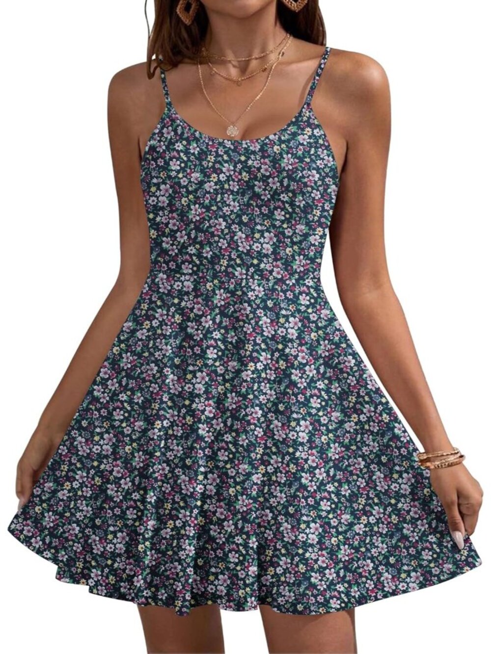 Women's Purple Floral Summer Dress Spaghetti Strap Floral Mini Casual Dress